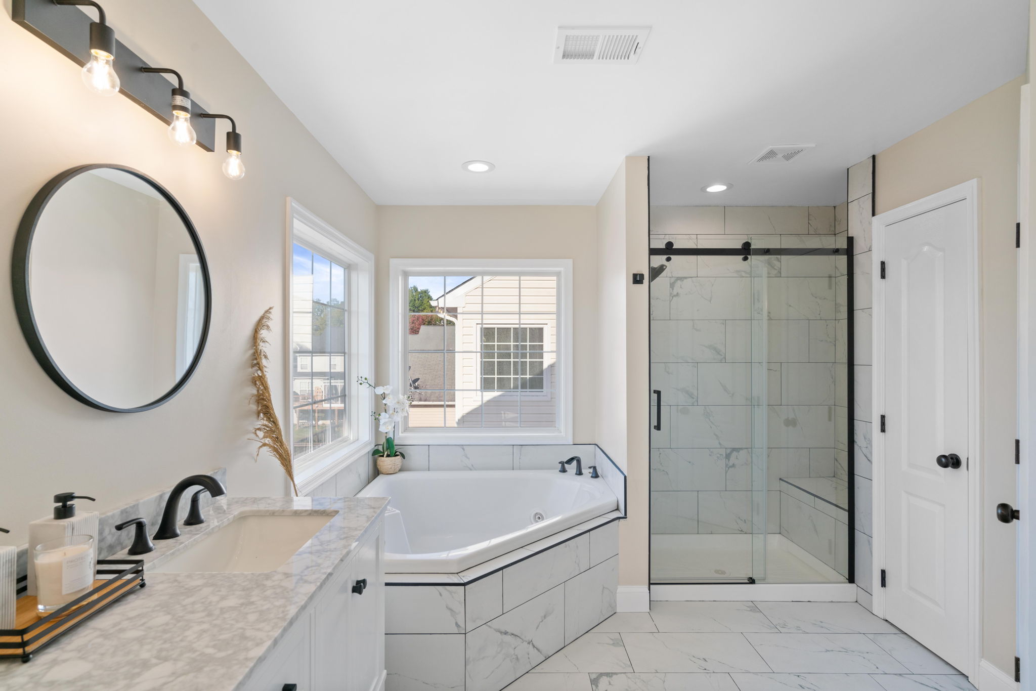Primary Bathroom — Soaking Tub, Walk-In Shower, Vanity — JB Design and Renovations Dumfries VA